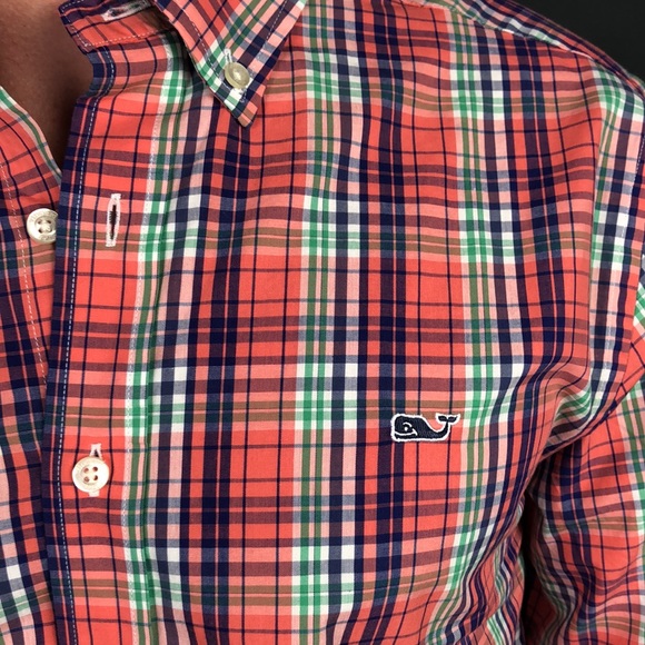 Vineyard Vines Orange, Green, Purple Plaid Slim Fit Whale Shirt Size - Medium - Picture 3 of 3